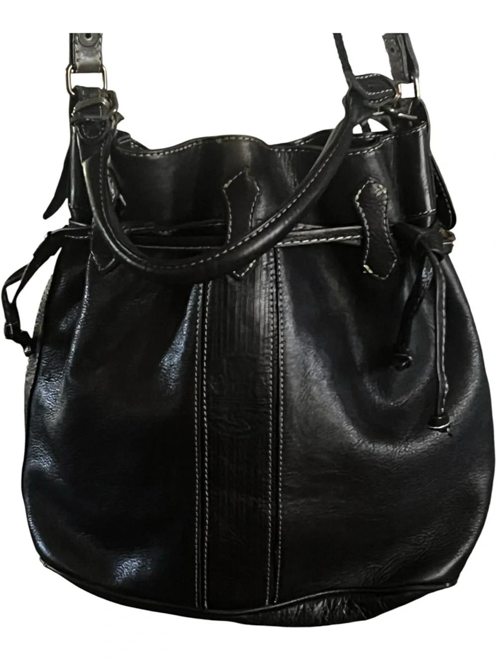 Italian Leather Black draw strap bucket contrast stitching Shoulder bag.